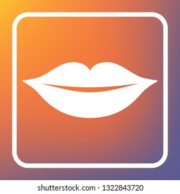 Lips sign illustration. Vector. White icon on transparent button at orange-violet gradient background.