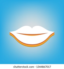 Lips sign illustration. Vector. White icon with 3d warm-colored gradient body at sky blue background.