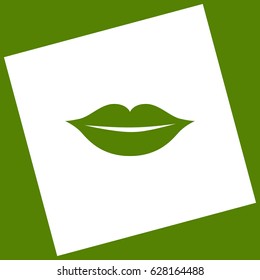 Lips sign illustration. Vector. White icon obtained as a result of subtraction rotated square and path. Avocado background.