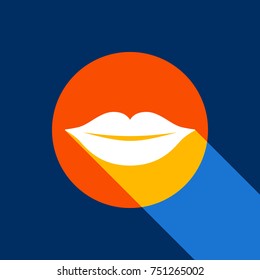 Lips sign illustration. Vector. White icon on tangelo circle with infinite shadow of light at cool black background. Selective yellow and bright navy blue are produced.
