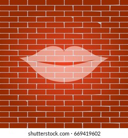 Lips sign illustration. Vector. Whitish icon on brick wall as background.