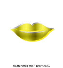 Lips sign illustration. Vector. Yellow icon with square pattern duplicate at white background. Isolated.