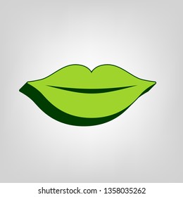 Lips sign illustration. Vector. Yellow green solid icon with dark green external body at light colored background.