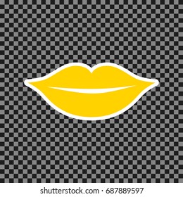 Lips sign illustration. Vector. Yellow icon with white contour on dark transparent background.