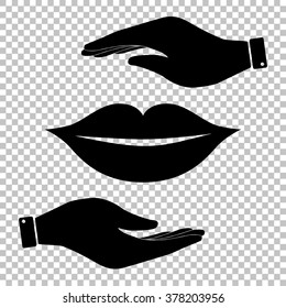 Lips sign. Save or protect symbol by hands.
