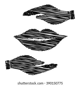 Lips sign. Save or protect symbol by hands with scribble effect.