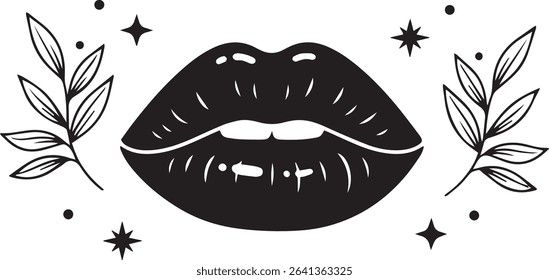 Lips Silhouette Black and White Line Art with Leaves and Stars