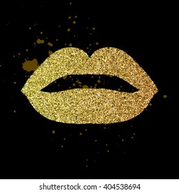 Lips silhouette with glitter gold texture on black background. Grunge poster in Art Deco style. Trendy  stock vector illustration for party invitation, cover, banner, t-shirt print