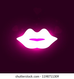 Lips silhouette on dark background with neon light effects. App icon. Vector illustration.