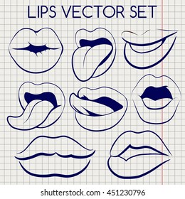 Lips silhouettes imitation ball pen vector on notebook page