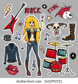 Lips, skull, guitar stars, arrows, rock symbols, rock singer, black jacket, boots, vinyl record, punk, drums, hand written tag lines.Cute  patches and stickers collection. Rock n roll concept.