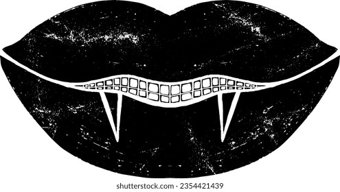 Lips with a smile and fangs. Illustration in linocut style. Vector texture element for design