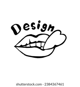 Levanta la sonrisa y agarra el corazón. Gráficos y amor. La palabra "diseño" está por encima de los labios. Mano dibujada con tinta.