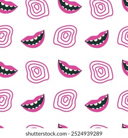 Los labios sonríen sin patrón. Abstractas patrón psicodélico con Elementos de color rosa brillante. Ilustración vectorial para la cubierta, caso, embalaje, fondo, papel de embalaje