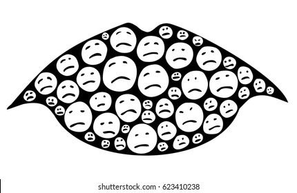 Lips with smiles of bad temper - vector illustration isolated on white, stylized engraving