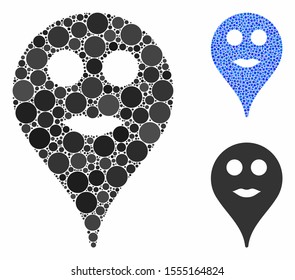 Lips smiley map marker mosaic of small circles in variable sizes and shades, based on lips smiley map marker icon. Vector small circles are combined into blue composition.