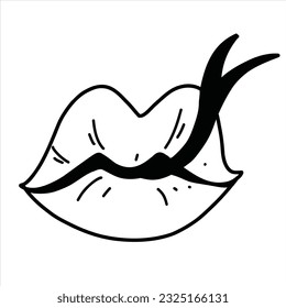 Lippen mit Schlangenzunge. Giftige Gespräche und Beziehungen, metaphorisches Konzeptsymbol. Tratsch, Verurteilung, Gerüchte, Mobbing und böses Gerede. Doodle-Illustrationssymbol