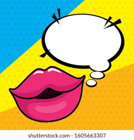  lips with speech bubble pop art style icon vector illustration design