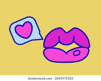 Lips with speech bubble pop art design, talking mouth with heart. Doodle vector hand drawn illustration. Valentine day.