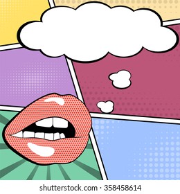 Lips with speech bubble. Pop-art cartoons graphic. Vector