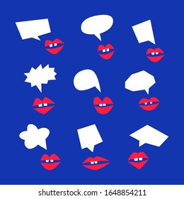 Lips With Speech Bubble Set, Talking Mouth Making Announcement - Vector Illustration, Icons