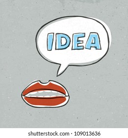 Lips with speech bubble and word idea within. Concept illustration, vector, EPS10