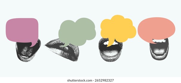 lábios com bolhas de fala em uma colagem de meio-tom.  Imagem vetorial de arte grunge estilo revista urbana vintage moderna pontilhada
