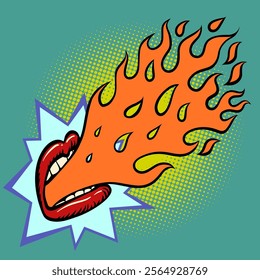 Lips spew fire. Hot offer. Rock and roll style. Comic cartoon pop art retro vector illustration hand drawing