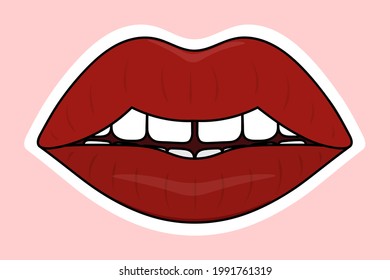 Lips. Sticker on a white backing. Colored vector illustration. Cartoon style. Isolated delicate background. Idea for web design, invitations, postcards, stickers. The seductive mouth is slightly open.