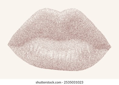 Lips in stipple dot style. Red textured mouth on light background, retro element with photocopy effect, gritty, dusty banner.