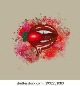 Lips with strawberries. Postcard, picture, background, poster, cover.