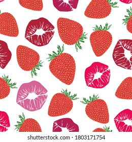 Lips and strawberry pattern. Scattered red berries and prints of pink and burgundy lipstick. Seamless background.