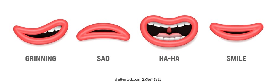 Lippen synchronisieren Charakteranimation mit Zähnen und Zunge, einzelne realistische Mundausdrücke. Vektor weibliche Emotionen Artikulation, Bildung Form. Grinsend und traurig, lachend und lächelnd imitiert