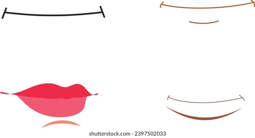 Lips Sync Set. Human lips Collection for lips Animation and synchronization. Sad, Smile, Angry, Laughing Mouth Vector Illustration.