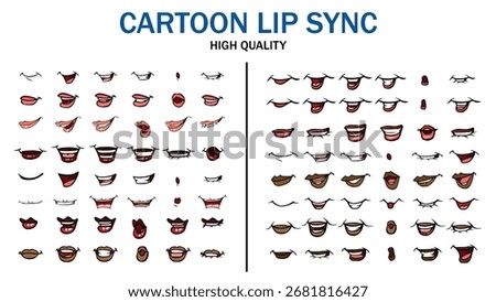Lips Sync Set. Human lips Collection for lips Animation and synchronization. Sad, Smile, Angry, Laughing Mouth Vector Illustration.	