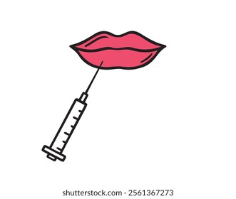Lips and syringe doodle hand drawn icon. Outline drawing beauty lip augmentation procedure line clipart symbol. Vector illustration