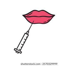 Lips and syringe doodle hand drawn icon. Outline drawing beauty lip augmentation procedure line clipart symbol. Vector illustration