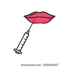 Lips and syringe doodle hand drawn icon. Outline drawing beauty lip augmentation procedure line clipart symbol. Vector illustration