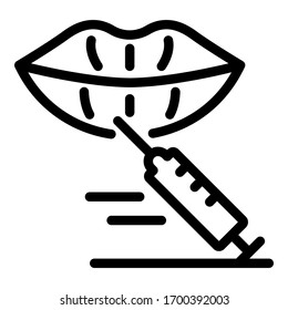 Lips and syringe icon. Outline lips and syringe vector icon for web design isolated on white background