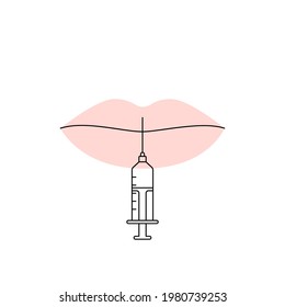 lips and syringe sign. concept of lip augmentation, shape correction, hyaluronic acid injection, plastic with filler, facial rejuvenation. simple design. contour isolated on white background