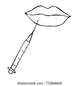 Lips and syringe vector illustration. Doodle style. Design, print, decor, textile, paper