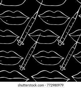 Lips and syringe vector illustration. Doodle style. Design, print, decor, textile, paper