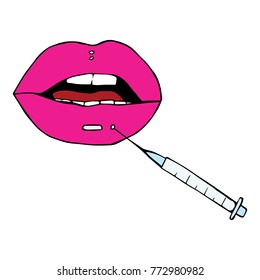 Lips and syringe vector illustration. Doodle style. Design, print, decor, textile, paper