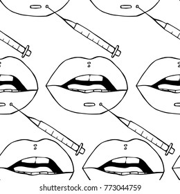 Lips and syringe vector illustration. Doodle style. Design, print, decor, textile, paper