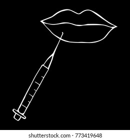 Lips and syringe vector illustration. Doodle style. Design, print, decor, textile, paper
