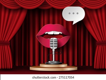 Lips are talking to the microphone on theater stage with red curtain