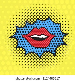 Lips template colorful speech bubbles and explosions in pop art style. Vector illustration