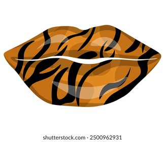 Lips with tiger print, stylish make-up on part of the face vector illustration 