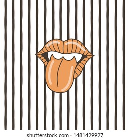 Lips with tongue flat vector illustration. Open female mouth with red lips and white teeth on striped background. Vampire teeth. Woman tongue sticking out pinup style. Facial expression