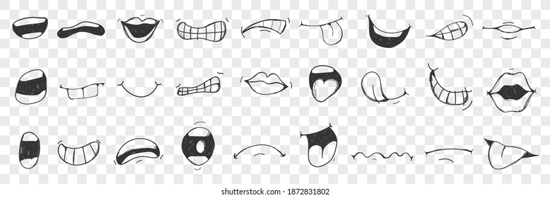 Lips, tongue, mouth hand drawn doodle set